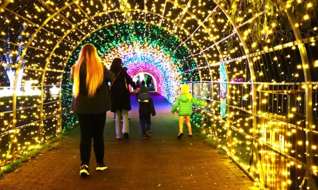 Rodzina spaceruje przez świetlisty tunel w Krakowie. Kolorowe lampki tworzą magiczny ogród świateł.