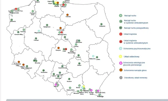 Mapa ZUS z 2026 r. pokazuje ośrodki rehabilitacyjne. Brązowe kółka oznaczają miejsca, gdzie ZUS wysyła do sanatorium na narząd głosu, np. w Świeradowie-Zdroju.
