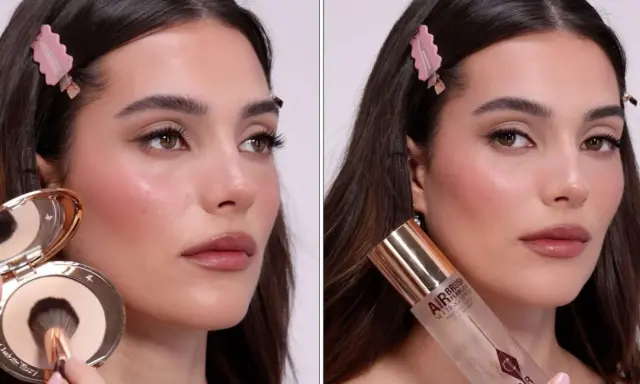 Mujer aplicando polvo y spray fijador para lograr un look perfecto. Aprende como fijar el maquillaje para que dure todo el día.