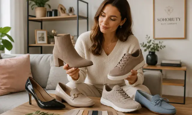 Kobieta prezentuje różne modele butów, w tym botki i sneakersy. Wiele z nich wykonano z wysokiej jakości materiału syntetycznego, który zapewnia komfort i trwałość.
