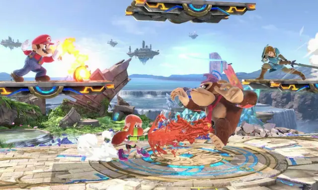 Mario, Link, Donkey Kong i Inkling walczą na latającej platformie. Wiele postaci z gier wartych zagrania w akcji!