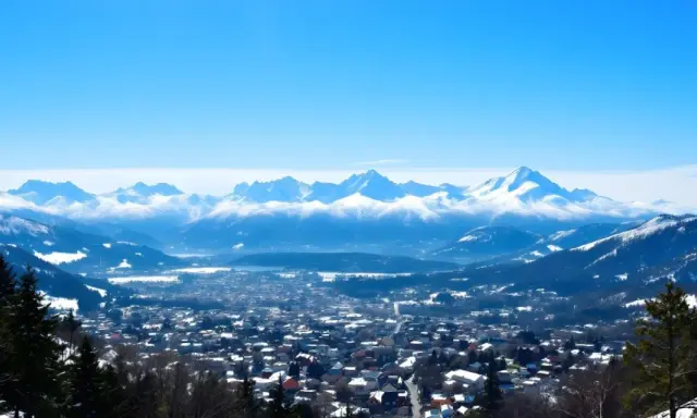 Zimowy krajobraz z górami w tle. Miasto pokryte śniegiem, idealne na zakopane atrakcje.