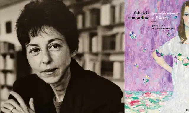 Ritratto di Fabrizia Ramondino accanto alla copertina del suo libro "Guerra di infanzia e di Spagna".