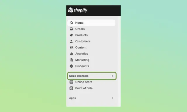 Menu Shopify z opcją "Sales channels" (kanały sprzedaży), kluczowe dla rozwoju platformy sprzedażowej.