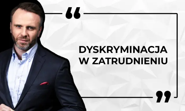 Mężczyzna w garniturze, cytat: "Dyskryminacja w zatrudnieniu". Unikaj odmowy przyjęcia do pracy przez pracodawcę.