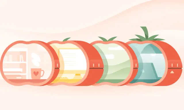 Cztery pomidory symbolizujące cykle pracy w technice pomodoro: biurko, komputer, krajobraz, wodę.