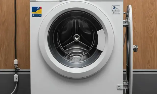 Biała pralka e10 electrolux z otwartymi drzwiczkami, widoczny bęben. Obok drewniana ściana i kable.