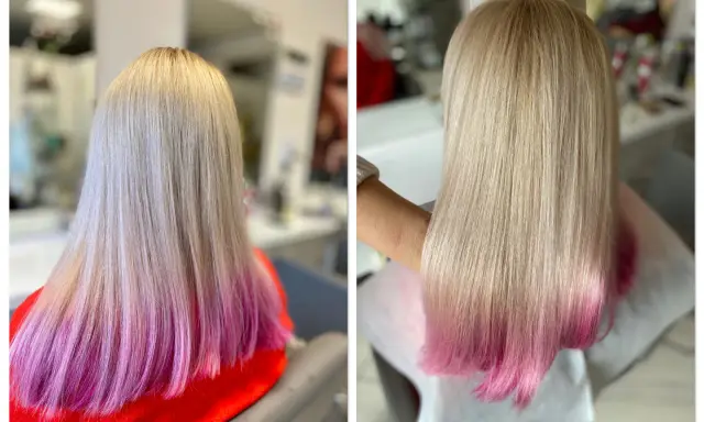 Długie, blond włosy z różowym ombre, po zabiegu krioterapii włosów wyglądają na zdrowsze i bardziej lśniące.