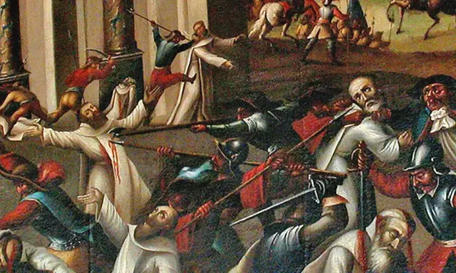 Obraz przedstawia scenę walki, gdzie zakonnicy w białych szatach bronią się przed napastnikami. W tle widać rycerzy na koniach, przypominających rycerzy z zakonu **Zawiszy Czarnego**.