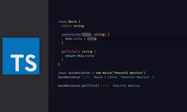 Kod w TypeScript demonstruje klasę `Movie` z metodą `getTitle`. Logo TS obok kodu.