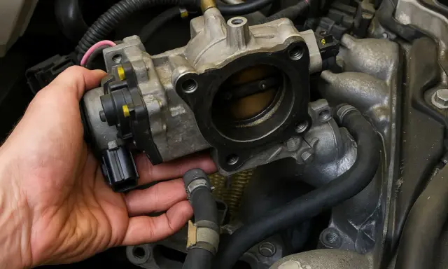 Mano che tiene il corpo farfallato, componente essenziale per il controllo del motore.