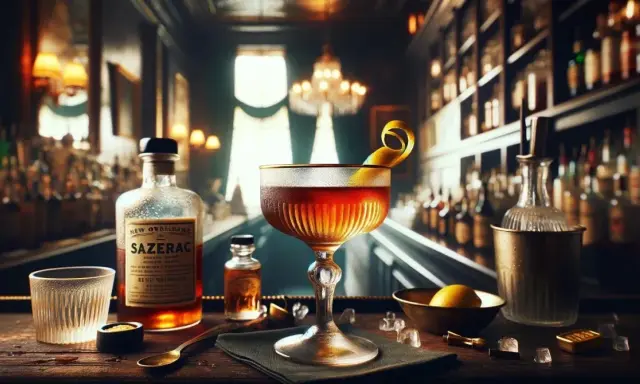 Elegancki Sazerac w kieliszku, obok butelka z etykietą "Sazerac", cytryna i lód. Klimatyczny bar w tle.
