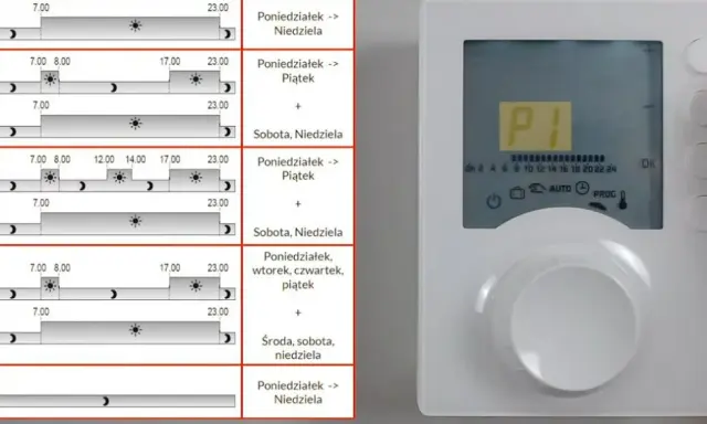 Fragment instrukcji obsługi tybox 117 po polsku, pokazujący harmonogramy ogrzewania dla różnych dni tygodnia.