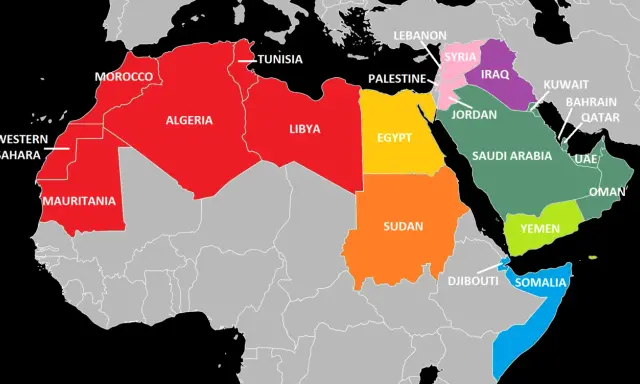 Karte zeigt Länder Nordafrikas und des Nahen Ostens, darunter Marokko, Algerien und andere arabische Staaten.