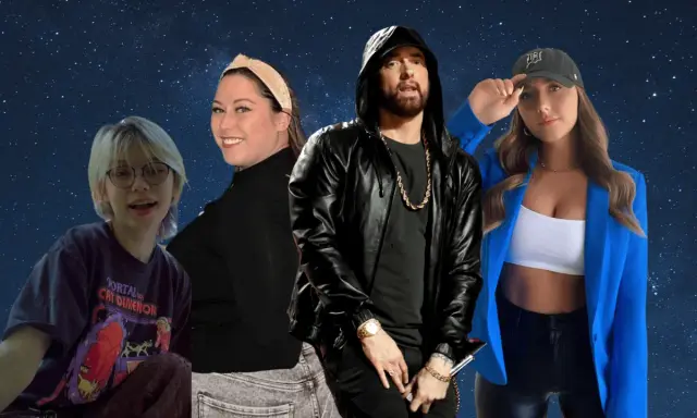 Eminem z córką i innymi osobami na tle gwiazd. Czy Eminem ma dzieci? Tak, ma córkę.