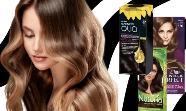 Inspiracje na kolory włosów dla brunetek: odcienie brązu na opakowaniach farb do włosów Garnier Olia, Joanna Naturia i Wella.