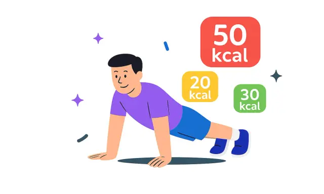 Uśmiechnięty mężczyzna robi pompki. Obok niego pojawiają się kolorowe etykiety z liczbą spalonych kalorii: 50, 20 i 30 kcal. Ile kcal spalisz, robiąc 10 pompek?