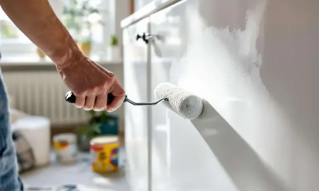 Main d'une personne appliquant de la peinture blanche sur un meuble pour le customiser.