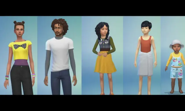 Mody dla dzieci The Sims 4: dziewczynka w żółtej bluzce, chłopak w białej koszulce, nastolatka w kamizelce i żółtej sukience, chłopiec w ręczniku i maluch w stroju kąpielowym.