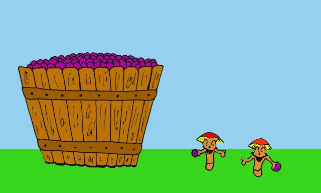 Disegni da colorare: vendemmia dall'uva al vino. Un cesto pieno d'uva e due simpatici personaggi con cappelli rossi e gialli.