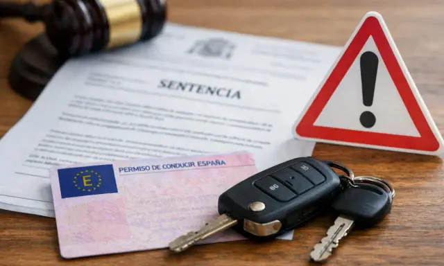 Sentencia judicial, carnet de conducir, llaves y señal de advertencia.