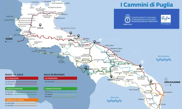Mappa dei cammini in Puglia, con percorsi della Via Francigena e altri itinerari.
