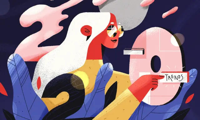 Vibrant art graphic design examples: a woman with white hair and sunglasses points to a pink circle with "TRENDS" written on it, surrounded by abstract shapes and foliage.