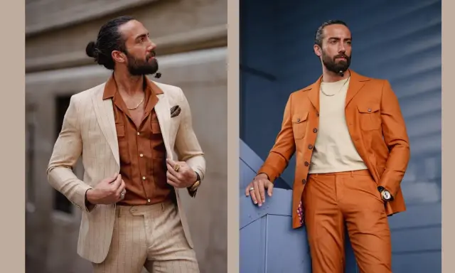 Man models two stylish summer suit colors: a light pinstripe and a vibrant orange.