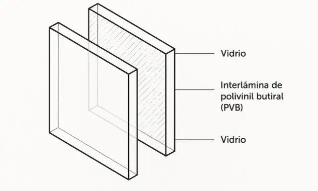Corte transversal de vidrio laminado con interlámina de polivinil butiral (PVB).