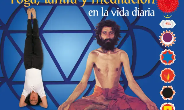 Man i meditation, kvinna i yogaställning. Texten "Yoga, tantra y meditación en la vida diaria" och "Swami Janakananda" syns.