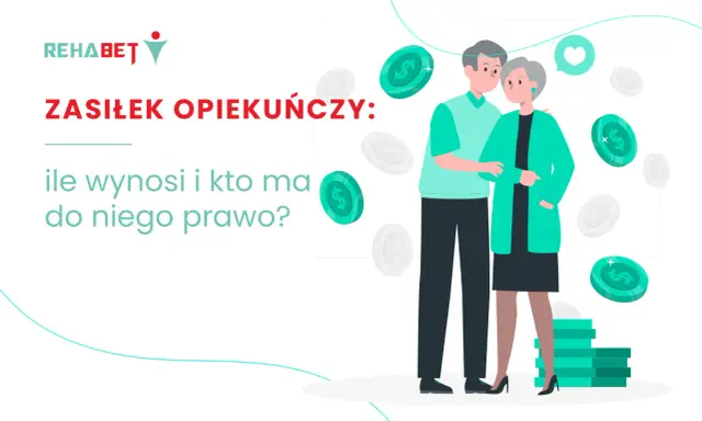 Zasiłek opiekuńczy nad starszą osobą: ile wynosi i kto ma do niego prawo? Ilustracja przedstawia parę seniorów i monety.