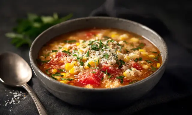 Herzhaftes Pizzasuppe Rezept: Tomaten, Mais und Kräuter in einer Schüssel, garniert mit Parmesan. Dazu eine Löffel.