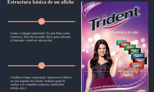 Cartel publicitario de Trident con eslogan "Sonríele a la vida" y una mujer masticando chicle.