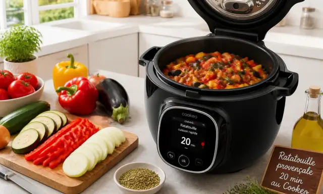 Ratatouille provençale prête en 20 minutes dans le Cookeo, avec des légumes frais coupés à côté.