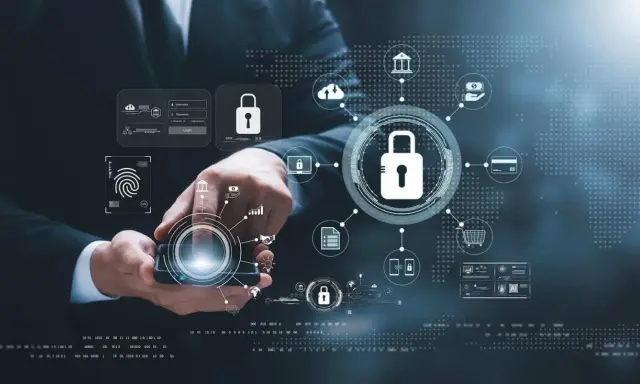 Hombre con un teléfono, rodeado de iconos de seguridad digital, como candados y huellas dactilares. El concepto de vidrio p6b se representa en la protección de datos.