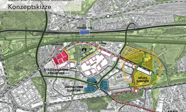 Masterplan Neue Mitte Oberhausen: Konzeptskizze zeigt den Strukturwandel mit neuen Wohngebieten, Innovationsquartier, Mobility Hub und städtebaulichen Ergänzungen.