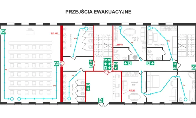 Plan ewakuacyjny z zaznaczonymi drogami ucieczki. Widać tu sale, toalety, recepcję i pokoje.