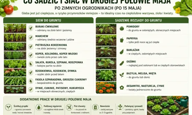 Po zimnych ogrodnikach (po 15 maja) siej buraki, marchew, zioła, sałatę, fasolę, dynie. Sadź pomidory, paprykę, bakłażany, ogórki, bazylię.