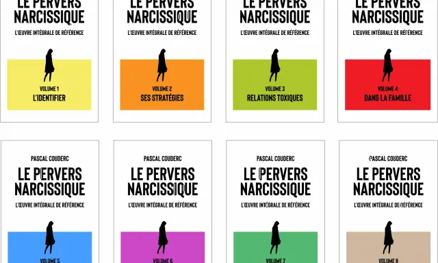 Les 8 volumes de "Le Pervers Narcissique" de Pascal Couderc, abordant l'identification, les stratégies, les relations toxiques, la famille, la victime, la sortie, la reconstruction et les témoignages.