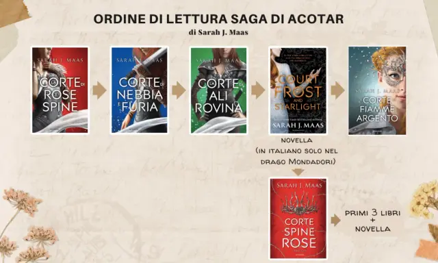 Ordine di lettura per la saga di ACOTAR di Sarah J. Maas: Corte di Rose Spinose, Nebbia e Furia, Ali e Rovina, Ghiaccio e Fuoco e Stelle, Fiamme d'Argento. Include anche la novella.