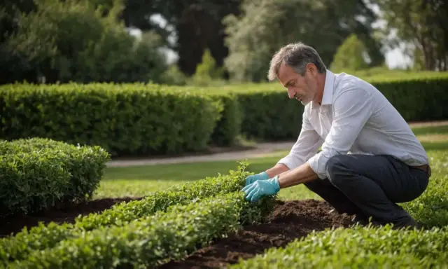 Un homme en chemise blanche et gants bleus s'occupe de l'entretien de son jardin, taillant des buissons.