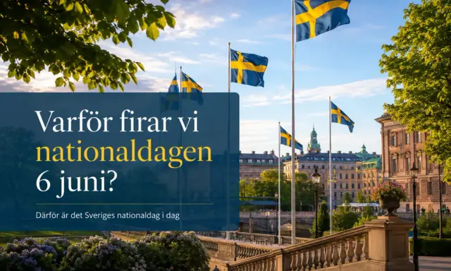 Svenska flaggor vajar stolt i vinden framför vackra byggnader. Det är Sveriges nationaldag, en dag att fira!