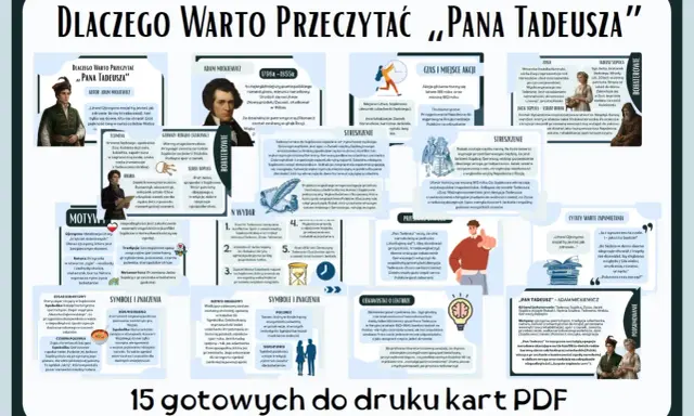 Ilustracja przedstawia kolaż z cytatami, postaciami i symbolami z "Pana Tadeusza".