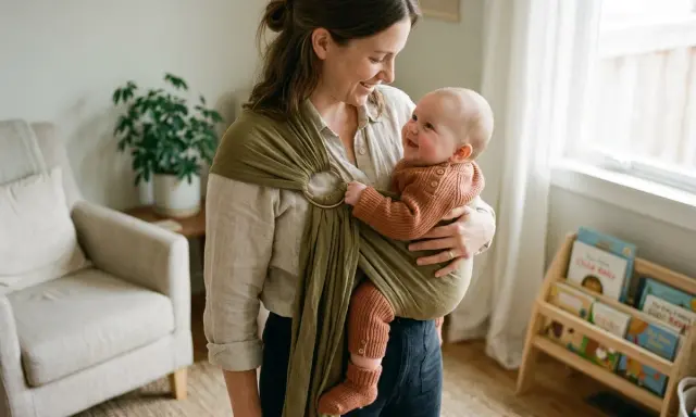 A smiling mother holds her baby in a green ring sling.