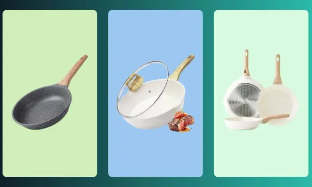 Tres sartenes modernas, una negra y dos blancas, ideales para cocinar el mejor tipo de sarten.