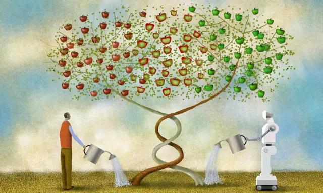 Mensch und Roboter gießen einen DNA-Baum mit Äpfeln. Symbolisiert die **evolution mensch zukunft** durch Technologie und Genetik.