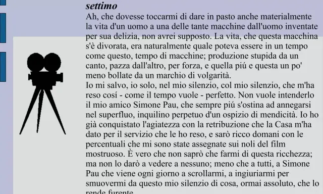 Quaderni di Serafino Gubbio operatore, riassunto: un'icona di cinepresa e testo sul tempo delle macchine e il silenzio dell'operatore.