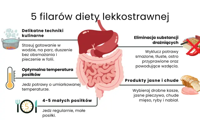 5 filarów diety lekkostrawnej: delikatne techniki, optymalna temperatura, 4-5 posiłków, eliminacja drażniących, produkty jasne i chude.
