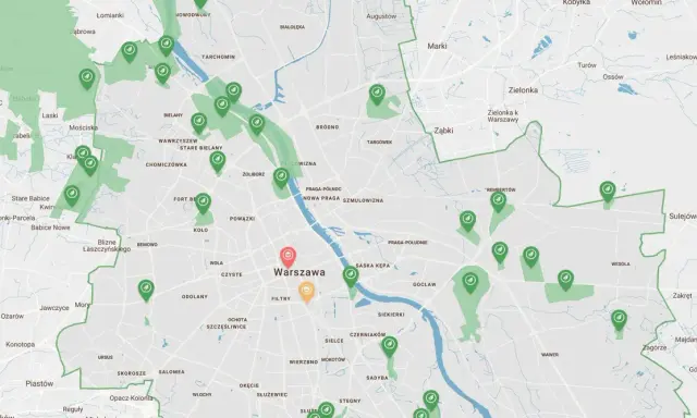 Mapa zielonych terenów w mieście nad Wisłą, z zaznaczonymi parkami i obszarami rekreacyjnymi w Warszawie i okolicach.