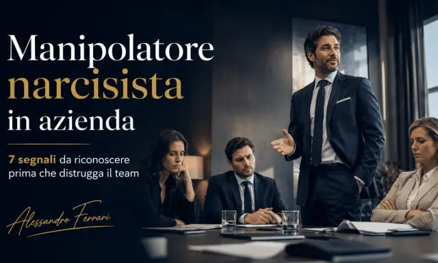 Uomo d'affari carismatico parla a un team, ma il suo sguardo suggerisce un partner narcisista che manipola. 7 segnali per riconoscerlo.